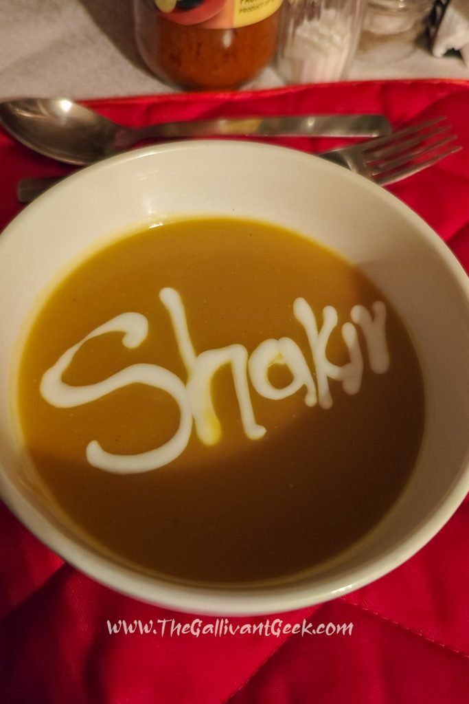 Bowl of soup with my name written in cream, served on our last day in the Masai Mara