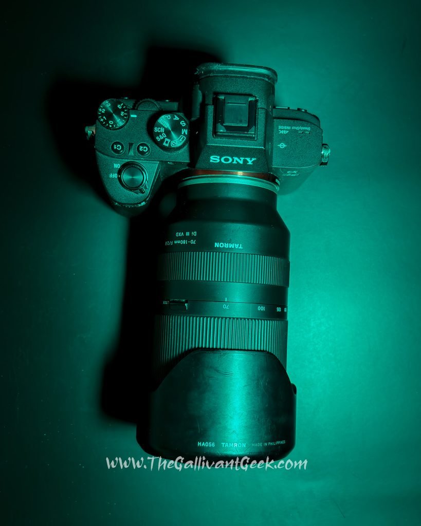 Sony A7III camera with a Tamron 70-180mm f/2.8 lens seen from above