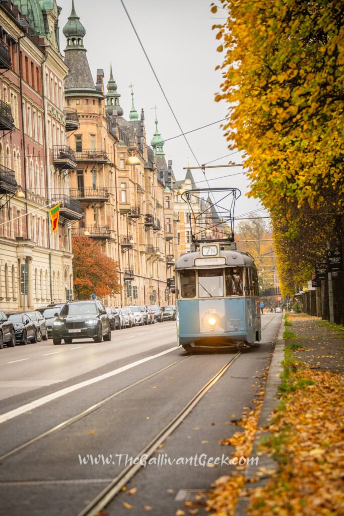 Tram 7 on Strandvägen with fall colours